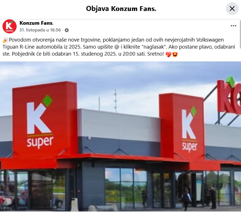 Konzum ne poklanja automobil, poziv na društvenim mrežama je lažan