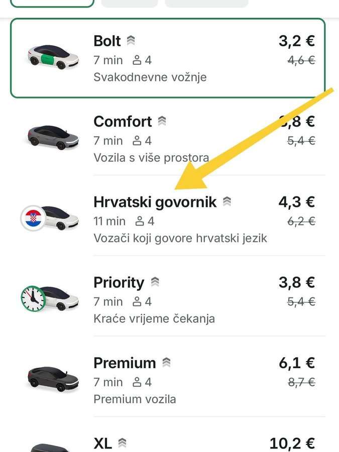 „Hrvatski govornik“ jedna je od opcija izbora vozača u Bolt aplikaciji i često skuplja u odnosu na ostale